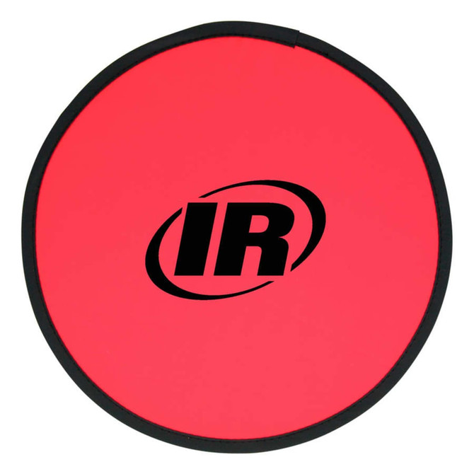 A red fold-up flying disc with a black border and a logo in the centre.