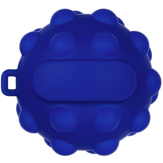 A blue stress ball shaped like a popper, featuring a textured surface with raised bumps and a central flat area.