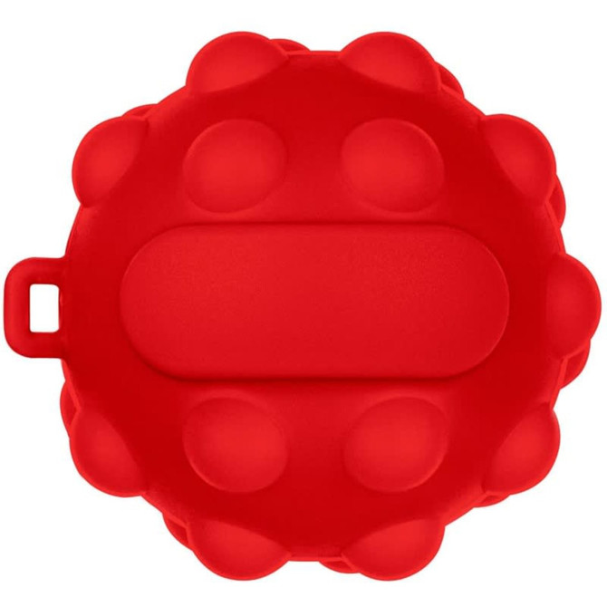 A red popper ball with a textured surface and a handle, designed for stress relief and play.