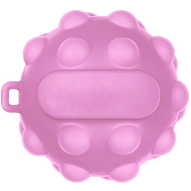 A pink stress ball shaped like a popper, featuring raised dots and a flat central area. It has a loop for attachment.