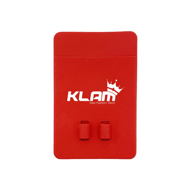 A red silicone phone wallet with a logo, featuring two attachment loops for securing to a phone.