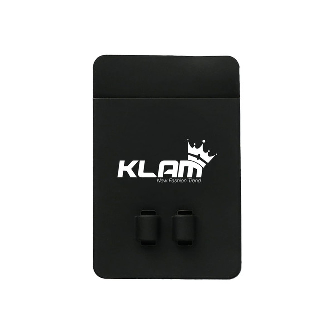 A black silicone phone wallet featuring a logo, designed to attach to the back of a phone for convenience.