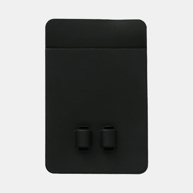 A black silicone phone wallet featuring two slot openings and a smooth surface, with a logo on the front.