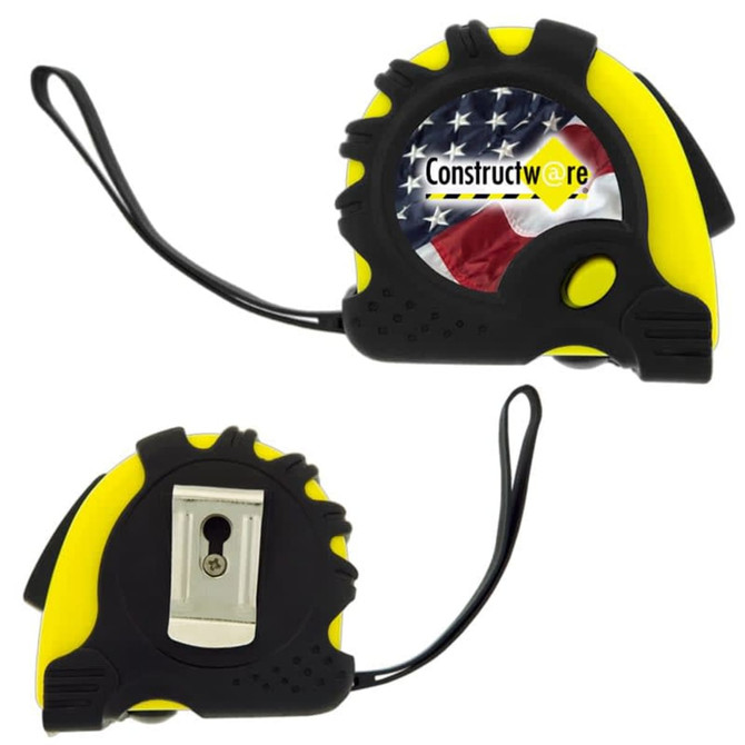 A tape measure with a black and yellow design, featuring a logo and a background of an American flag.