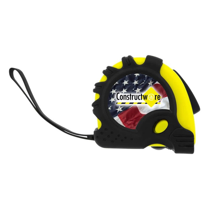 A measuring tape with a black and yellow casing, featuring an American flag design, and includes a branding logo.
