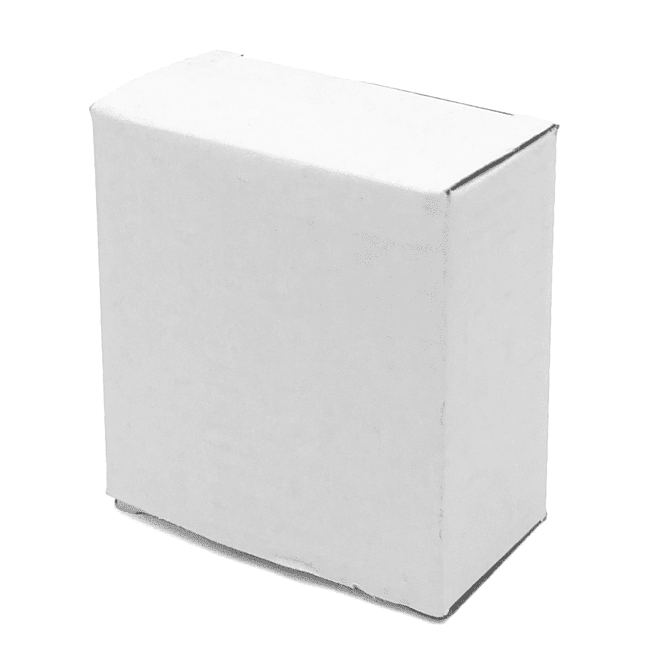 A small, plain white box with a flap lid, featuring a simple, unmarked design.