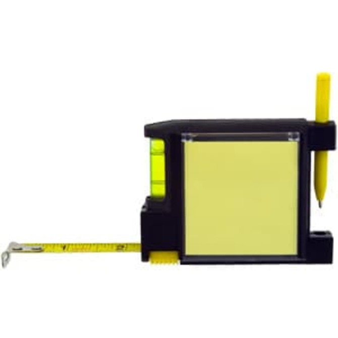 An all-in-one tape measure in black and yellow, with a built-in level, sticky notes, and a pen attached.
