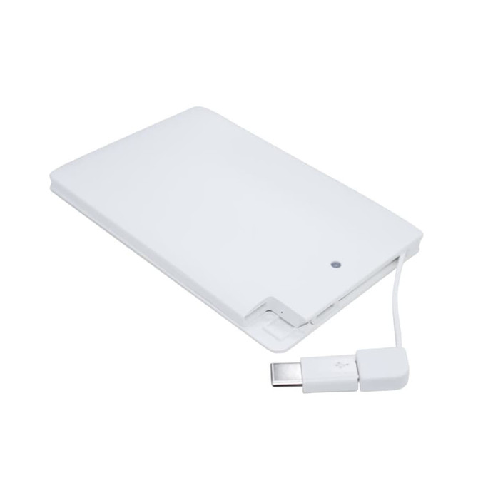A white power bank with a slim design and a built-in USB cable for charging devices. It has a branding logo.