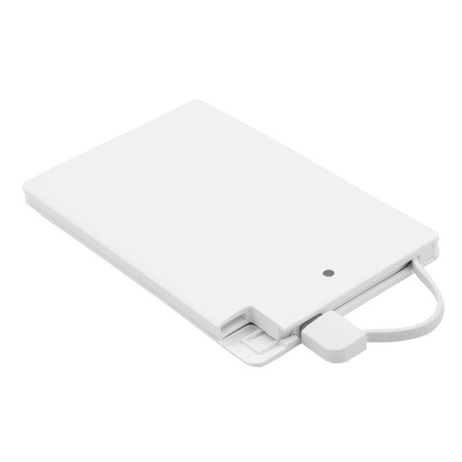 A white ultra-slim power bank with a built-in charging cable and indicator light. 