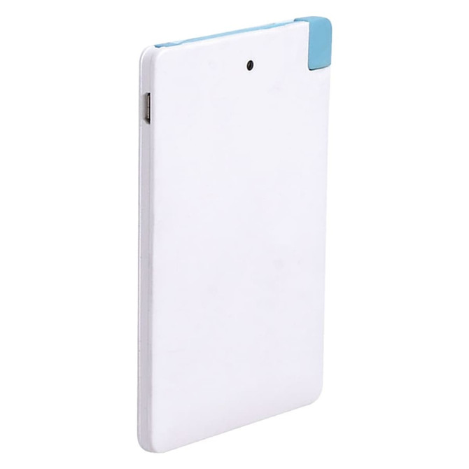 A white ultra slim power bank with a light blue accent, featuring a sleek design and a logo on its surface.