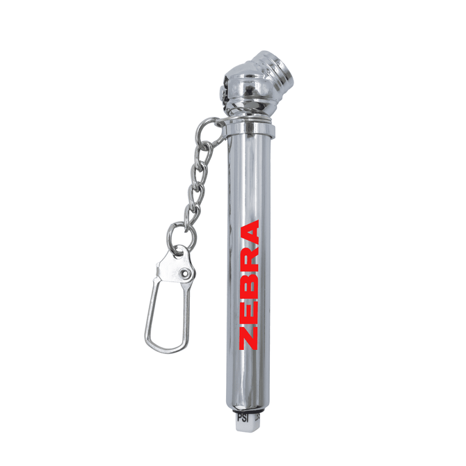 A silver key chain tyre gauge with a chain attachment and a branded logo.