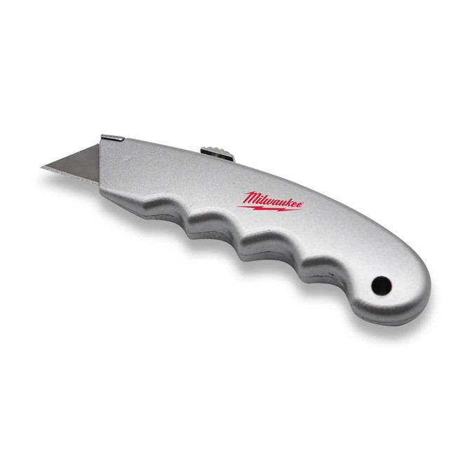 A silver utility knife with a textured handle and a retractable blade, featuring a logo on the handle.