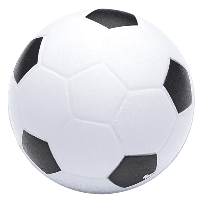A white stress ball in the shape of a soccer ball, featuring black pentagon patches.
