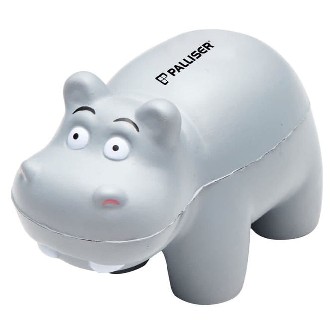A grey hippo stress toy with large eyes and white teeth, featuring a logo on top.