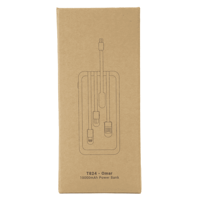 A brown cardboard packaging for the Omar Power Bank (10,000 mAh), featuring multiple charging cables.