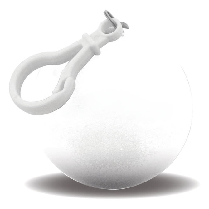 A white ball with a clip, designed to hold a rain poncho, featuring a smooth surface.