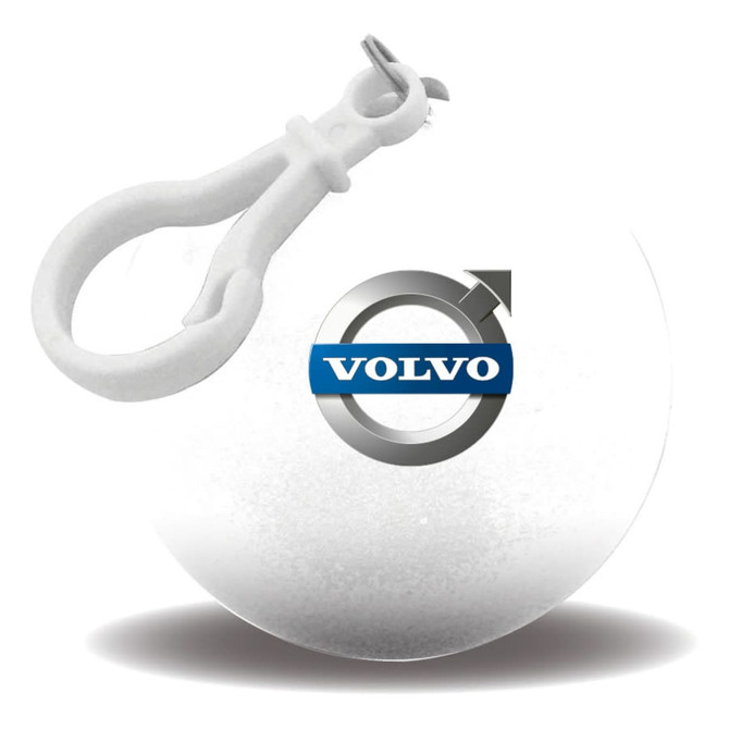 A white ball-shaped rain poncho with a clip attachment and a logo.
