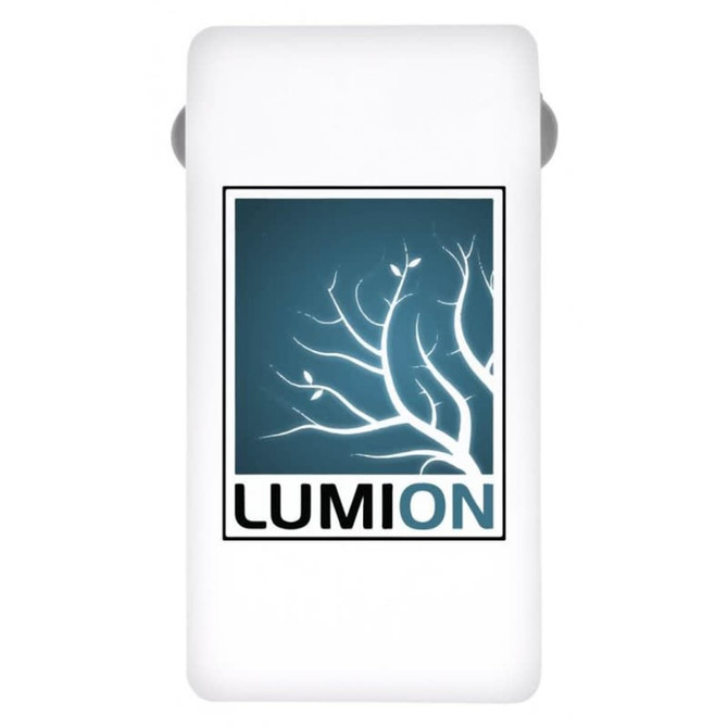 A white power bank with a tree branch design and a logo. Features a slim, rectangular shape.