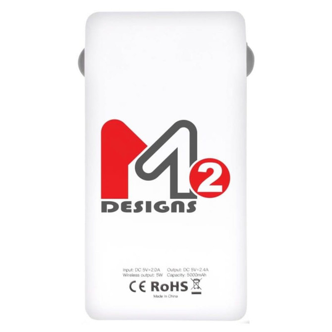 A white power bank with a sleek design, featuring a logo and a capacity of 5,000 mAh.