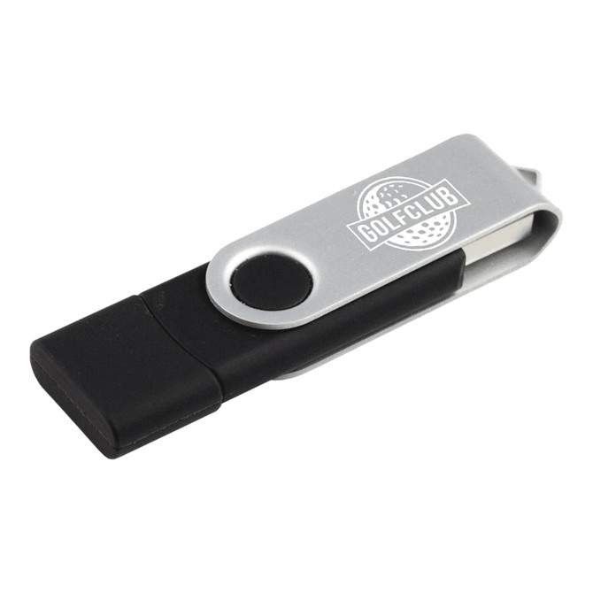 A silver and black USB flash drive with a logo, featuring a rotating design and an 8GB capacity.