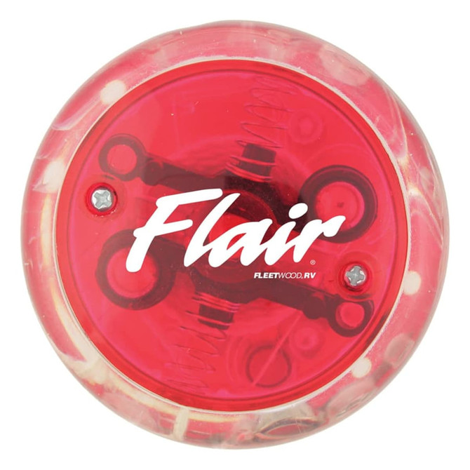 A red LED light-up yo-yo with a clear casing and a logo on the side.