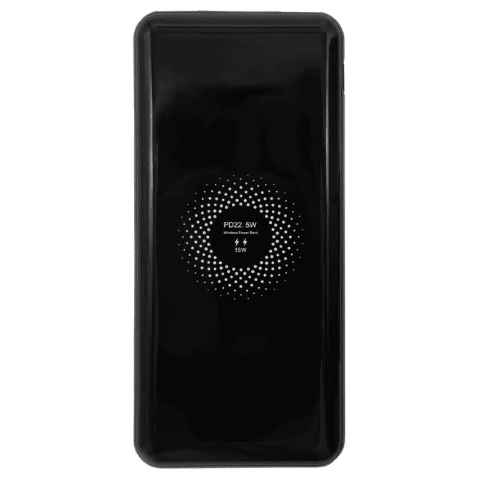 A black power bank with a textured design and a logo, featuring a 10,000 mAh capacity.