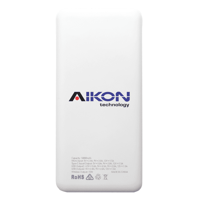 A white power bank with a capacity of 10,000 mAh, featuring a logo and multiple output ports.