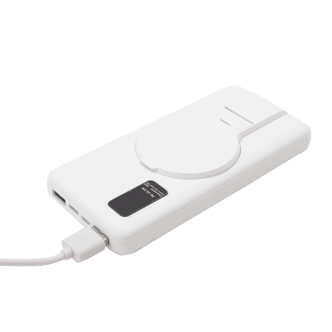A white power bank with a circular design and multiple charging ports. It includes a logo on its surface.