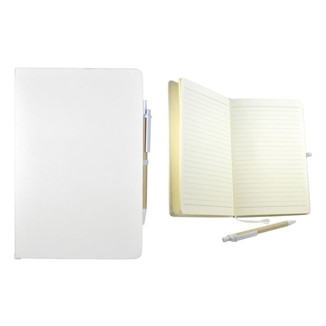 A white recycled notebook with lined pages and a matching pen, featuring a logo on the cover.