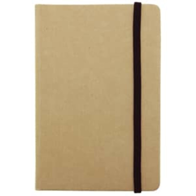 A recycled notebook in a tan colour with a black elastic band. It has a simple, sleek design and a logo on the cover.