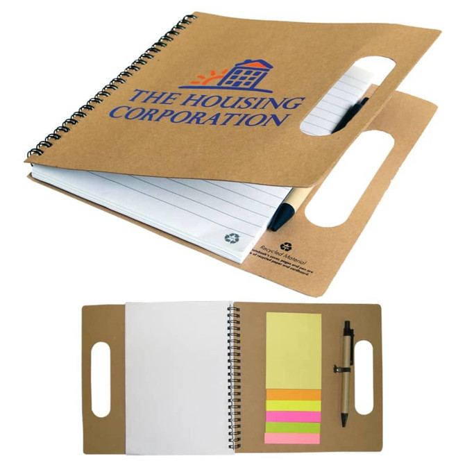 A recycled notebook with a spiral binding, brown cover, and a pen, featuring a logo and sticky notes.