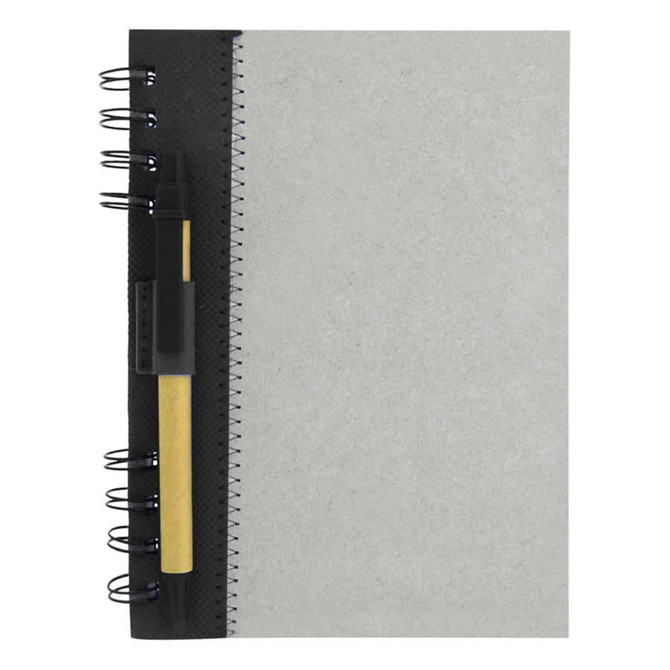 A recycled journal book in grey with a black spiral binding and a pen attached. It features branding on the cover.