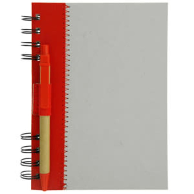 A recycled journal book with a red cover, spiral binding, and a pen attached.