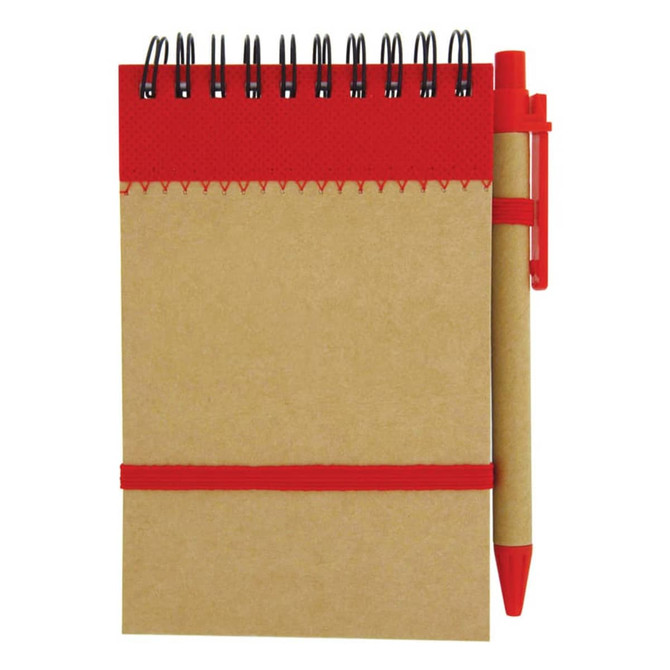 A recycled jotter pad with a brown cover, red binding, and a matching red pen attached.