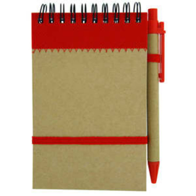 A recycled jotter pad in brown with a red spiral binding and red pen attached, featuring a matching elastic band.