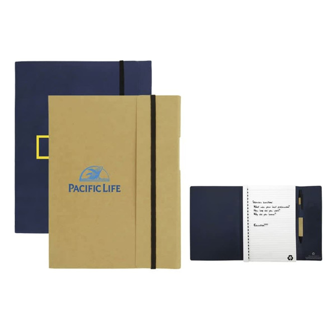 A large A5 journal book with a dark blue cover and a tan cover, featuring an internal page for notes and a logo.