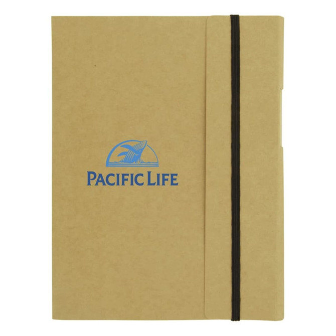 A large A5 journal book in a brown cover with a black elastic band and a logo on the front.