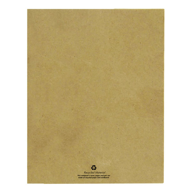 A recycled notebook featuring a brown kraft cover, made from recycled materials, with a small logo at the bottom.