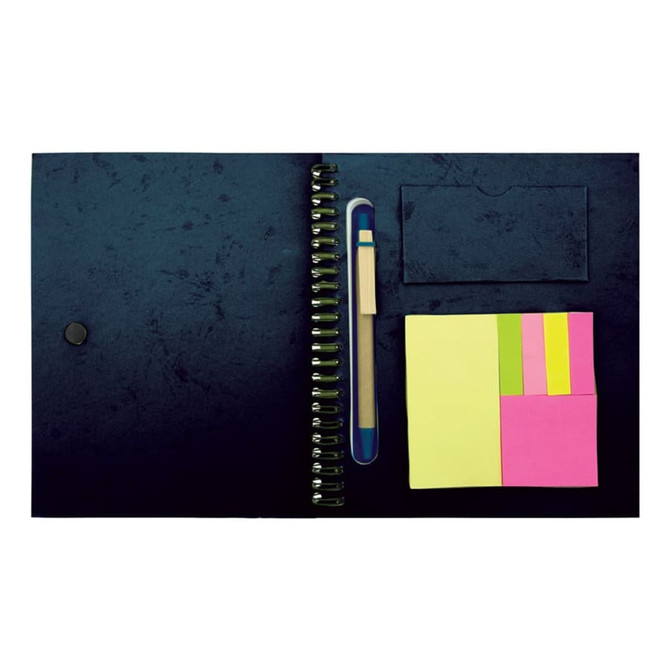 A navy blue notebook with a spiral binding, featuring sticky notes in pink and yellow and a pen.