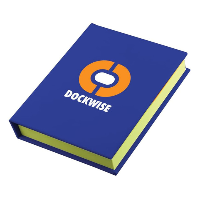 A blue adhesive note book with a logo on the cover and yellow sticky notes inside.