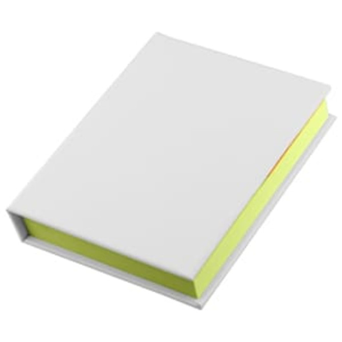 A white adhesive note book with a bright yellow sticky note section at the bottom. It features a logo on the cover.