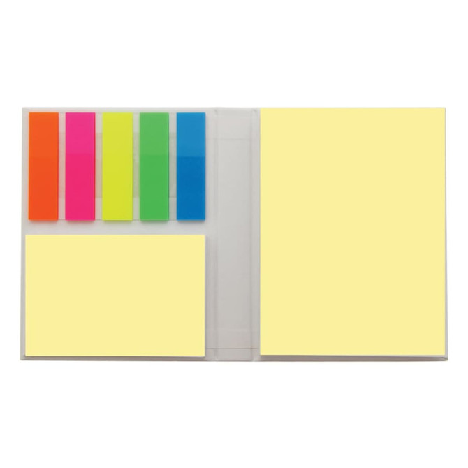 A sticky note book featuring pastel yellow notes and vibrant colourful flags in orange, pink, green, and blue.