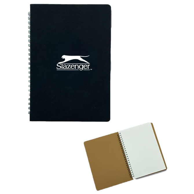 A black spiral notebook with a logo, featuring blank pages and a tan cover.