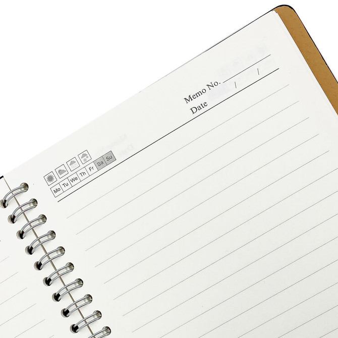 A spiral notebook with a brown cover, featuring blank lined pages and a section for notes and dates.