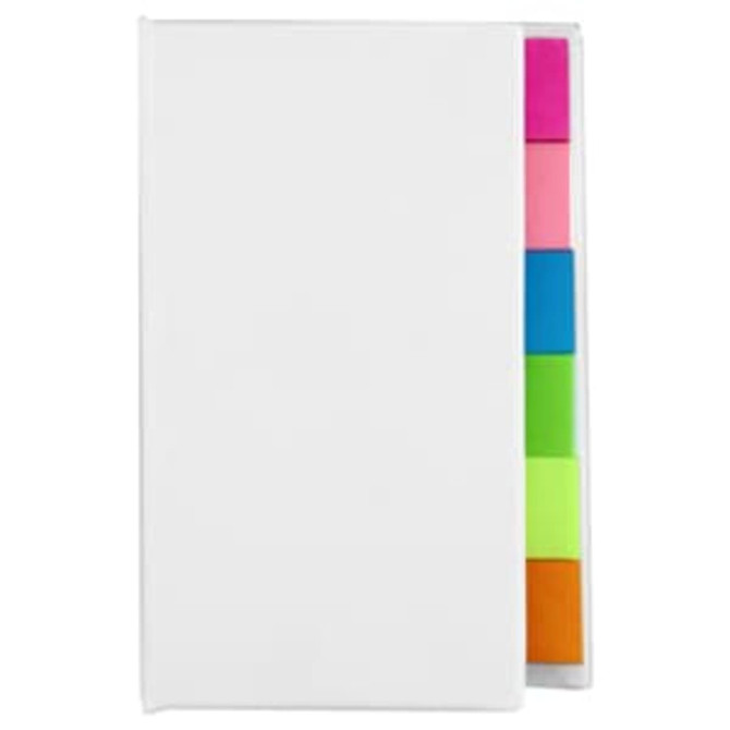 A marker strip book featuring a white cover and vibrant sticky note tabs in pink, green, blue, and orange.