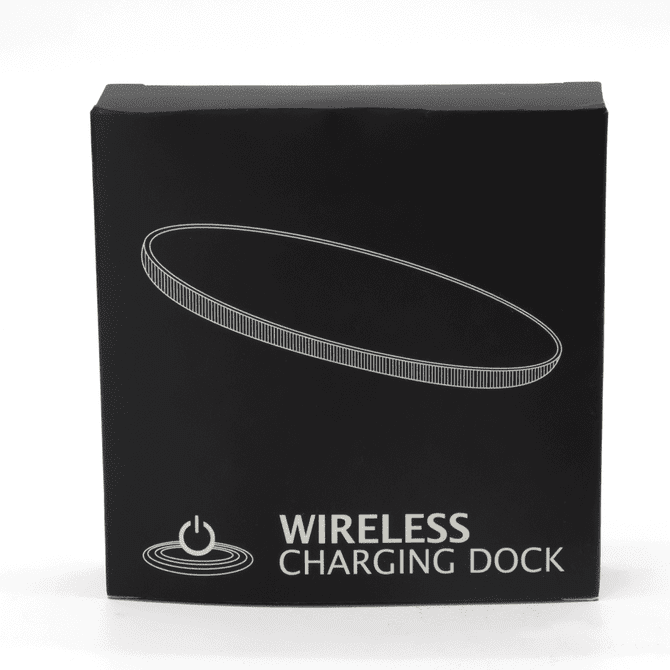 A black box featuring an outline of a round wireless charging dock with a logo on the front.