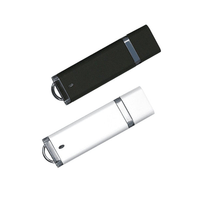 A black and a white USB flash drive, both with a metallic connector and a logo.