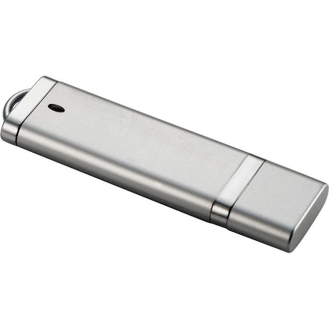 A silver USB flash drive with a sleek design. It features a small hole for attaching a keychain and has a logo.