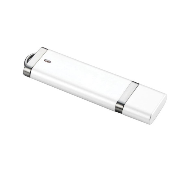 A white USB flash drive with a sleek design and metallic accents. It features a branding logo.