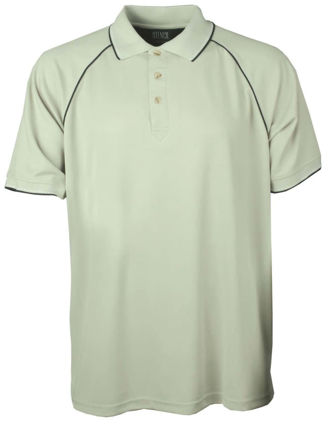 A light green polo shirt featuring a collar, three buttons, and contrasting trim. Includes a logo on the chest.